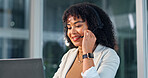 Call center, headset or woman in office with laptop, telecom or investment advice in night service. CRM, smile or finance consultant with microphone, online banking or contact us with loan support.