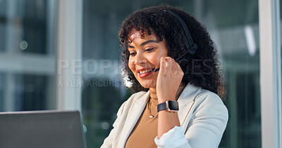 Buy stock photo Call center, headset or woman in office with laptop, telecom or investment advice in night service. CRM, smile or finance consultant with microphone, online banking or contact us with loan support.