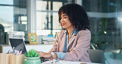 Buy stock photo Woman, online and smile with laptop in business, administration and financial updates with research. Office manager, typing and happy person with technology, invoice management and budget on website