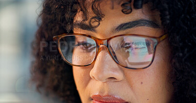 Buy stock photo Woman, programmer and reading with glasses for optic vision, eyesight or software development. Female person, coder or reflection with spectacles or lens for programming or coding app in workplace