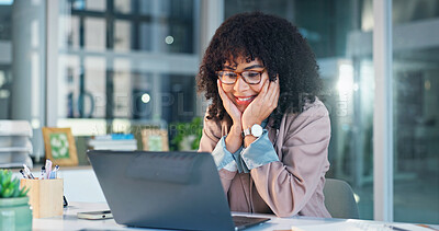 Buy stock photo Businesswoman, smile and good news on laptop in office, online and financial development on website. Happy person, reading and positive feedback on email, notification or investment banking with tech
