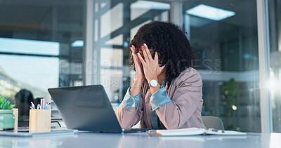 Buy stock photo Business, woman and eye strain in office with laptop, glitch and tired employee for finance mistake. Fatigue, person and glasses in workplace with pc, dizziness and brain fog for financial bankruptcy