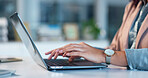 Typing, online and hands with laptop in business, administration and financial update with research. Office manager, schedule and person with technology, invoice management and budget on website