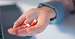 Person, hands and healthcare with pills in office for medical prescription, cure or treatment. Closeup, employee or user with tablets for pharmaceutical drugs, antibiotics or vitamins in workplace