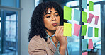 Sticky notes, writing and businesswoman in office with research for creative project ideas. Planning, glass wall and magazine editor brainstorming with agenda for article at startup workplace.