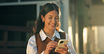 Phone, smile and businesswoman in city with texting, feedback and email for finance report. Happy, technology and financial advisor with cellphone for update on investment growth in urban town.