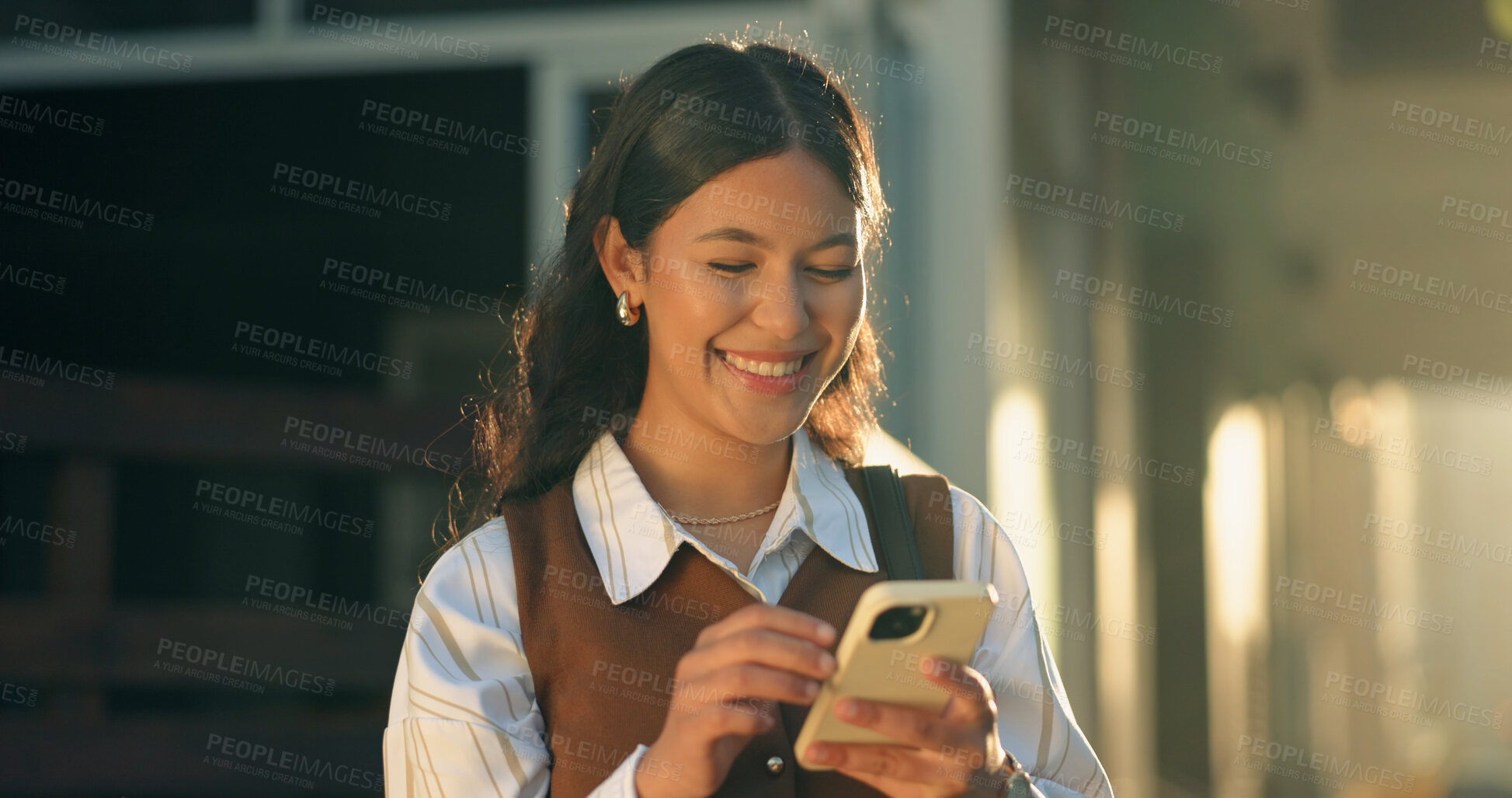 Buy stock photo Phone, smile and businesswoman in city with texting, feedback and email for finance report. Happy, technology and financial advisor with cellphone for update on investment growth in urban town