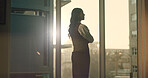 Thinking, window and businesswoman in office with planning, decision or choice on finance career. Problem solving, flare and financial manager with reflection on job opportunity in workplace.