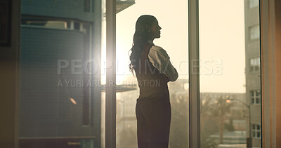Buy stock photo Thinking, window and businesswoman in office with planning, decision or choice on finance career. Problem solving, ideas and financial manager with reflection on job opportunity in workplace.