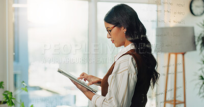 Buy stock photo Tablet, research or business woman in office for commercial real estate, sales or rental lease. Tech, glass wall or person in company for property development, scroll or review listing on internet