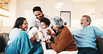 Happy, grandparents and parents in home with baby, bonding together and connection for weekend visit. Senior people, family generations and girl child in living room with care, love and conversation.