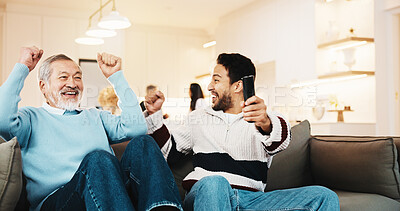 Buy stock photo Senior, dad and man on sofa for watching sports, celebrate and bonding on weekend for goal. Family, home and elderly parent and person with broadcast for relationship, fist pump and cheer together