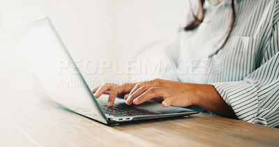 Buy stock photo Hands, typing and woman on laptop in home for report, research and article for online blog. Creative, freelancer and person on computer for website content, review and copywriting for remote work