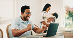 Fist pump, laptop and remote work with man in family home for achievement, celebration or victory. Computer, energy and success with excited father at table in apartment as small business freelancer