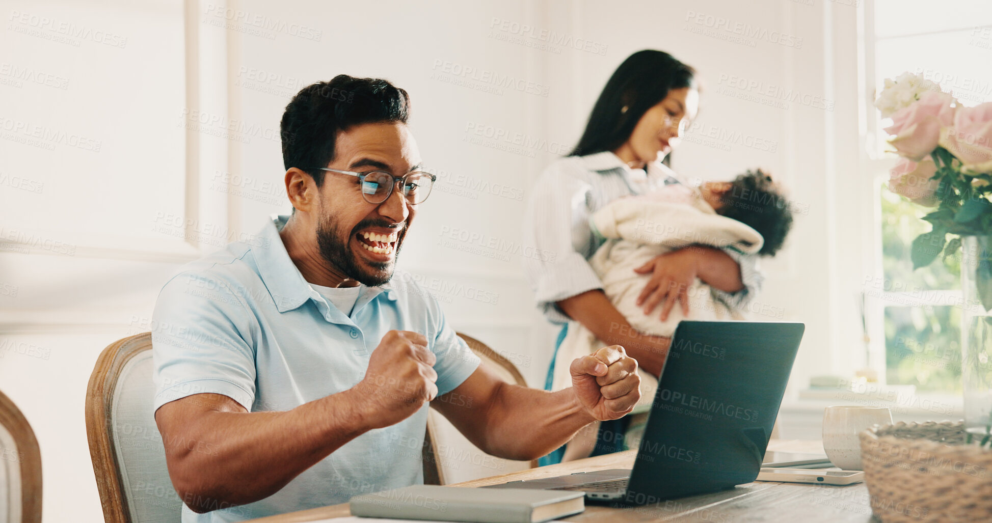 Buy stock photo Fist pump, laptop and remote work with man in family home for achievement, celebration or victory. Computer, energy and success with excited father at table in apartment as small business freelancer