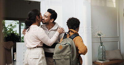 Buy stock photo Home, kiss and parents with child with goodbye, affection and leaving for morning commute. Family, bonding and boy with mom, dad and greeting with daily routine for school, career and start day
