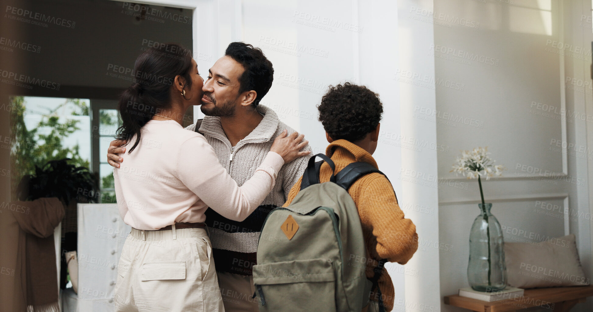 Buy stock photo Home, kiss and parents with child with goodbye, affection and leaving for morning commute. Family, bonding and boy with mom, dad and greeting with daily routine for school, career and start day