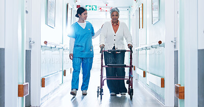 Buy stock photo Physiotherapist, support and old woman in hospital with walker, checkup and help for rehabilitation. Medical worker, steps and senior person in clinic with mobility aid, physical therapy and healing.