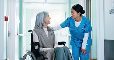 Buy stock photo Happy, nurse and senior woman in wheelchair at hospital for consultation, healthcare or support. Conversation, caregiver and elderly person with disability for medical checkup in clinic corridor.