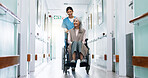 Push, wheelchair and nurse in hospital with old woman, healthcare assistance and happy for recovery. Medical worker, smile and senior person with disability, healing and wellness in clinic hallway.