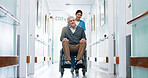 Push, wheelchair and nurse in hospital with old man, medical assistance and happy for rehabilitation. Healthcare worker, smile and senior person with disability, healing or wellness in clinic hallway