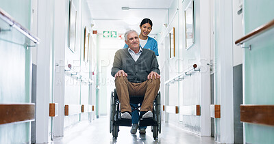 Buy stock photo Push, wheelchair and nurse in hospital with old man, medical assistance and happy for rehabilitation. Healthcare worker, smile and senior person with disability, healing or wellness in clinic hallway