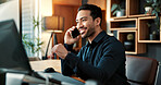 Happy, man and phone call in office with computer, online price and buyer approval for real estate. Smile, male realtor and mobile in workplace with pc, positive feedback and negotiation for auction
