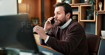 Buy stock photo Office, phone call and businessman with computer, talk and legal advice for contact or communication. Labor law consultant, discussion and person with mobile, online and explain policy development