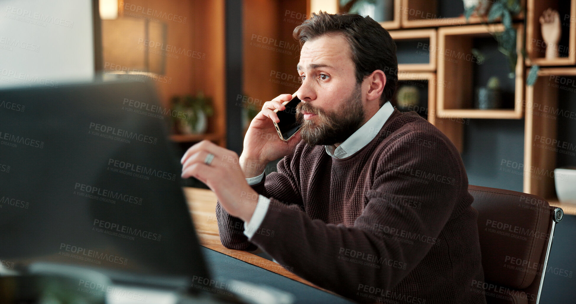Buy stock photo Office, phone call and businessman with computer, talk and legal advice for contact or communication. Labor law consultant, discussion and person with mobile, online and explain policy development