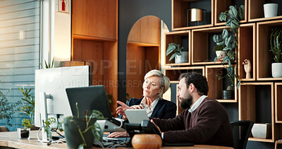 Buy stock photo Business, feedback or people in office with computer, funding idea or teamwork on sales pitch. Brief, digital or finance advisor with tech, budget report or partnership review on investment proposal.