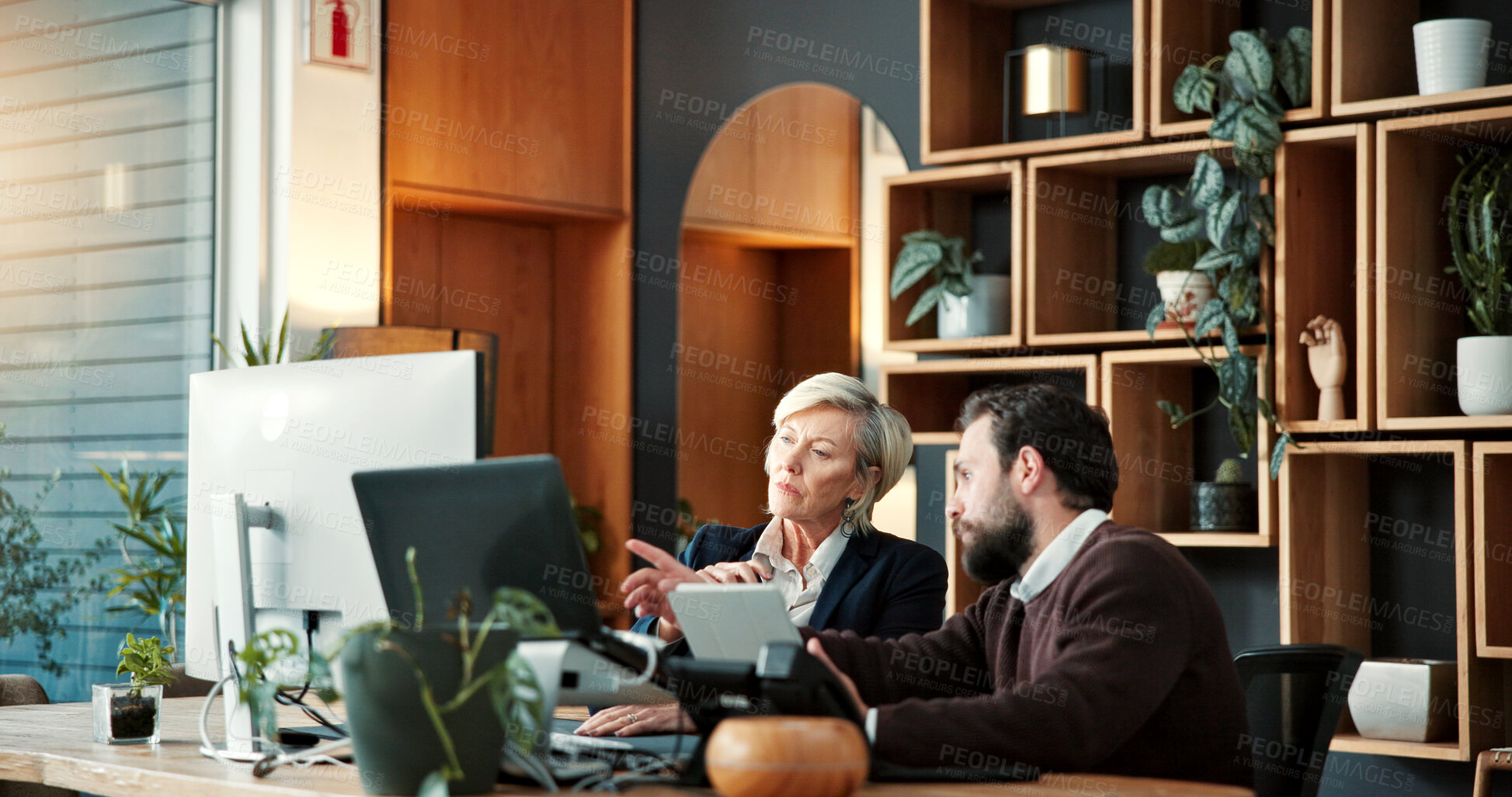 Buy stock photo Business, feedback or people in office with computer, funding idea or teamwork on sales pitch. Brief, digital or finance advisor with tech, budget report or partnership review on investment proposal.