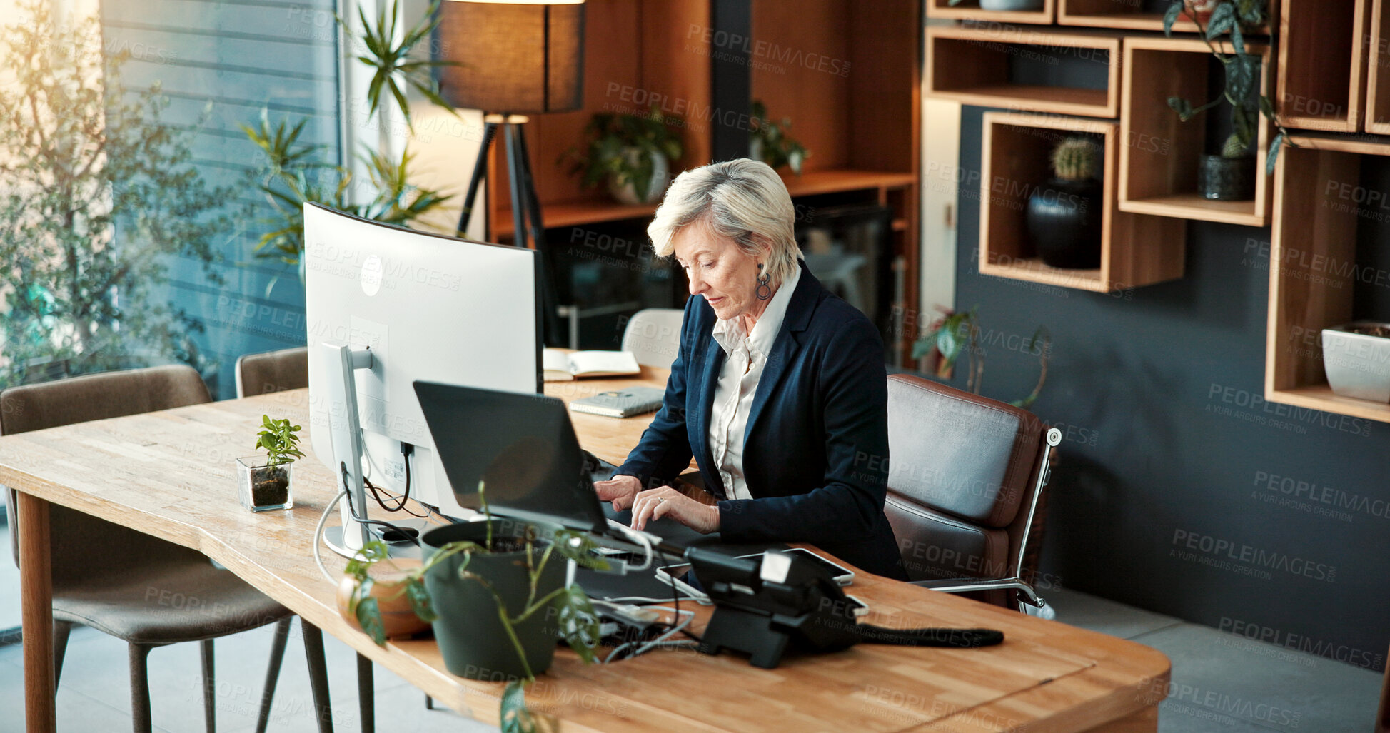 Buy stock photo Business, woman and typing in office with computer, research and online evidence for court case. Mature person, lawyer and email in workplace with pc, witness testimony and investigation for justice