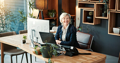 Buy stock photo Smile, business and woman in office with computer, research and legal evidence for court case. Portrait, mature person and lawyer in workplace with pc, witness statement and investigation for justice