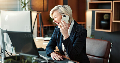 Buy stock photo Business, woman and phone call in office with computer, research and buyer approval for real estate. Smile, mature realtor and mobile in workplace with tech, positive feedback and auction negotiation