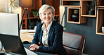 Portrait, business and woman in office with computer, research and legal evidence for court case. Smile, mature person and lawyer in workplace with pc, witness statement and investigation for justice