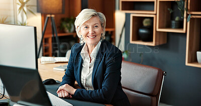 Buy stock photo Portrait, business and woman in office with computer, research and legal evidence for court case. Smile, mature person and lawyer in workplace with pc, witness statement and investigation for justice