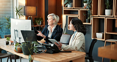 Buy stock photo Business, people and meeting in office with computer, personal assistant and planning for schedule. Mature women, manager and executive secretary in workplace with pc, review calendar and discussion.