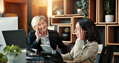 Buy stock photo Women, business and team thinking with tablet in office for corporate planning or project decision. Female people, employees or colleagues with technology or lens flare for strategy in workplace