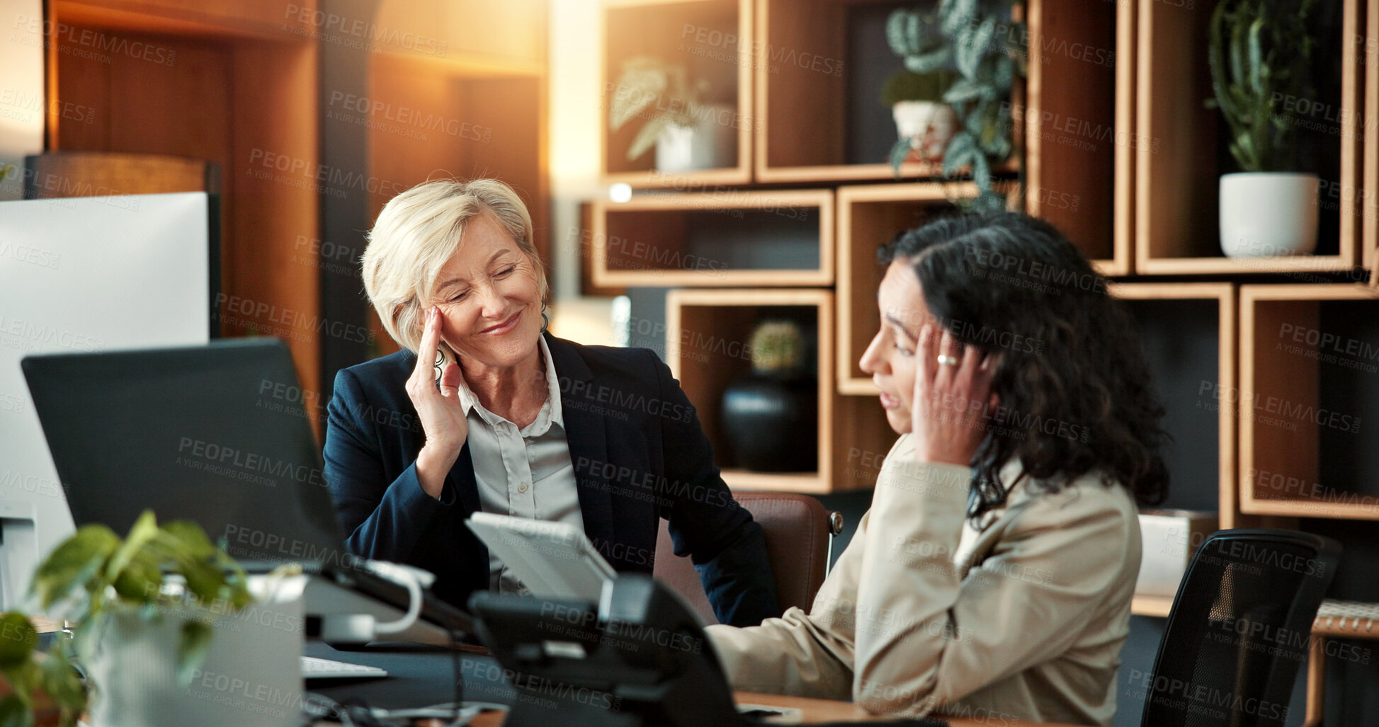 Buy stock photo Women, business and team thinking with tablet in office for corporate planning or project decision. Female people, employees or colleagues with technology or lens flare for strategy in workplace