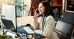 Woman, phone call and review in office with computer, research and buyer approval for real estate. Mature realtor, mobile and smile in workplace with tech, positive feedback and auction negotiation