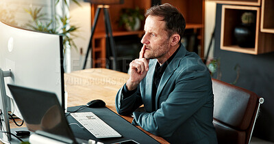 Buy stock photo Thinking, review or man in office with computer, research or budget planning for funding pitch. Digital, insight or mature finance advisor with tech, portfolio check or proposal ideas for investment.