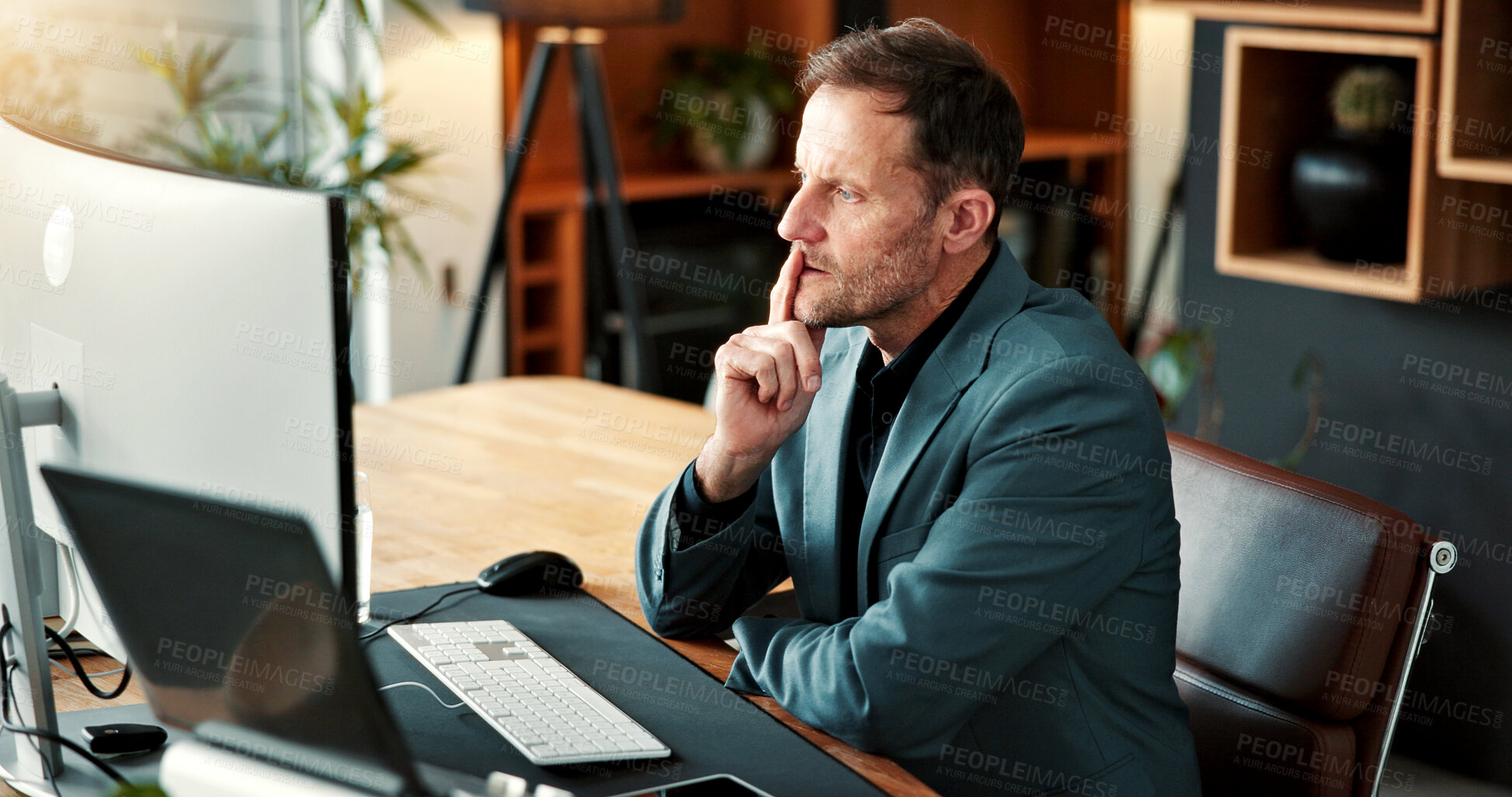 Buy stock photo Thinking, review or man in office with computer, research or budget planning for funding pitch. Digital, insight or mature finance advisor with tech, portfolio check or proposal ideas for investment.