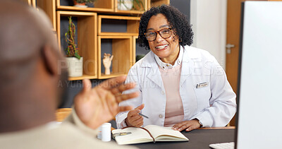 Buy stock photo Consulting, healthcare and notebook with doctor of patient in office for feedback or review. Advice, notes and records with happy medical professional speaking to person in hospital for diagnosis