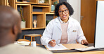 Consulting, healthcare and documents with doctor of patient in office for feedback or review. Advice, folder and records with medical professional speaking to person in hospital for diagnosis or help