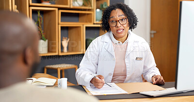 Buy stock photo Consulting, healthcare and documents with doctor of patient in office for feedback or review. Advice, folder and records with medical professional speaking to person in hospital for diagnosis or help