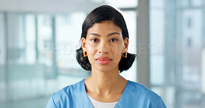 Buy stock photo Portrait, woman and nurse at hospital for medical, assistance and about us for patient care. Serious, female person and ambition in workplace for nursing, consultant and career pride for healthcare