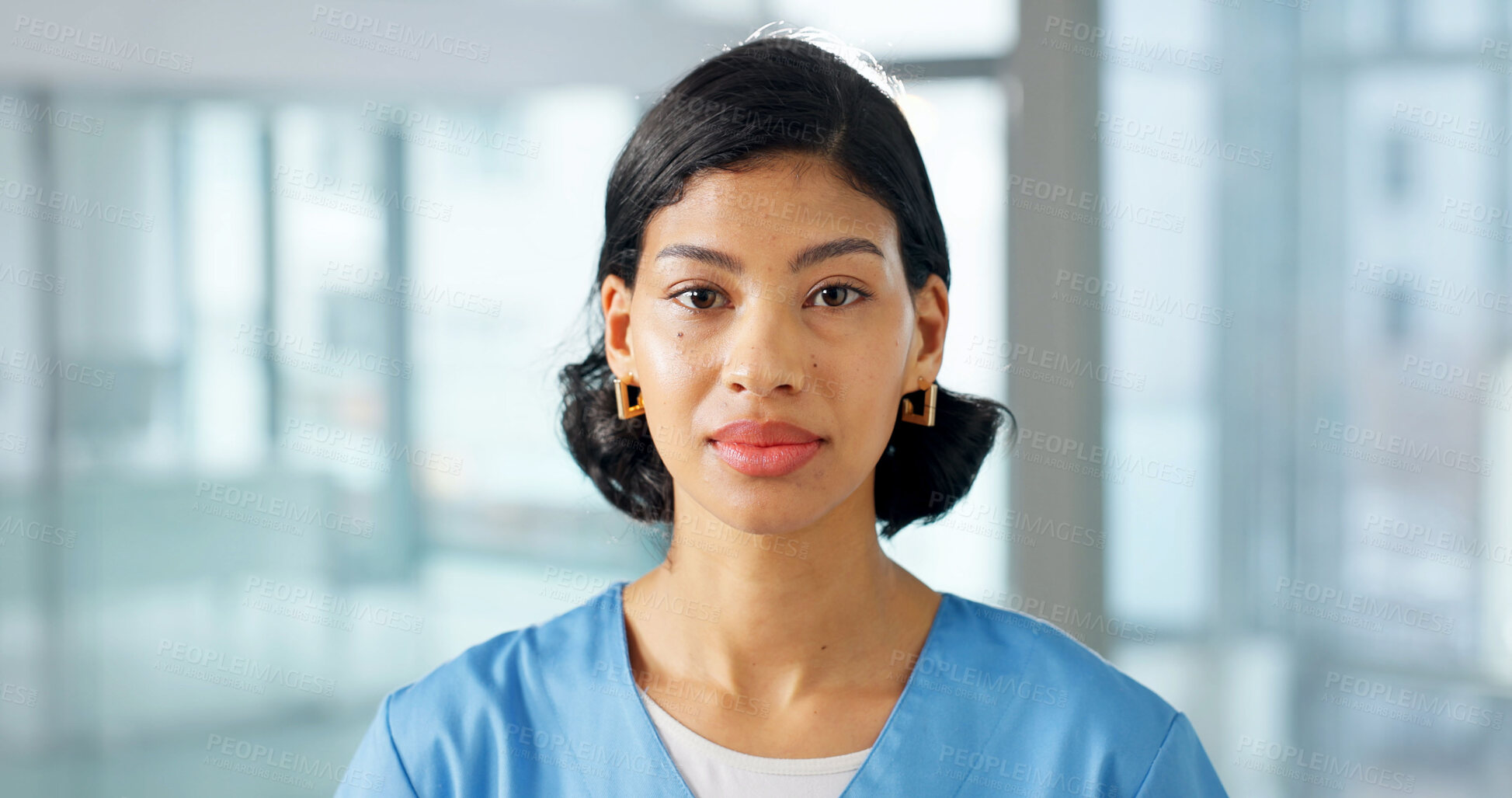 Buy stock photo Portrait, woman and nurse at hospital for medical, assistance and about us for patient care. Serious, female person and ambition in workplace for nursing, consultant and career pride for healthcare