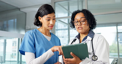 Buy stock photo Medical, feedback and team with tablet, hospital research and patient records for treatment plan. Women, doctor or nurse with technology, diagnosis discussion or collaboration insight in post surgery