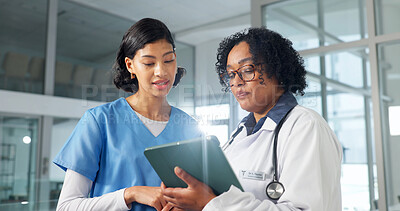 Buy stock photo Medical, feedback and women with tablet, hospital records and patient review for treatment plan. Flare, doctor and nurse with tech, diagnosis discussion and healthcare research in post surgery.