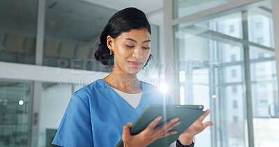 Buy stock photo Tablet, nurse and woman in hospital for medical research, case study and admin with email. Smile, healthcare and person with tech to review results, guidelines or electronic health records with flare